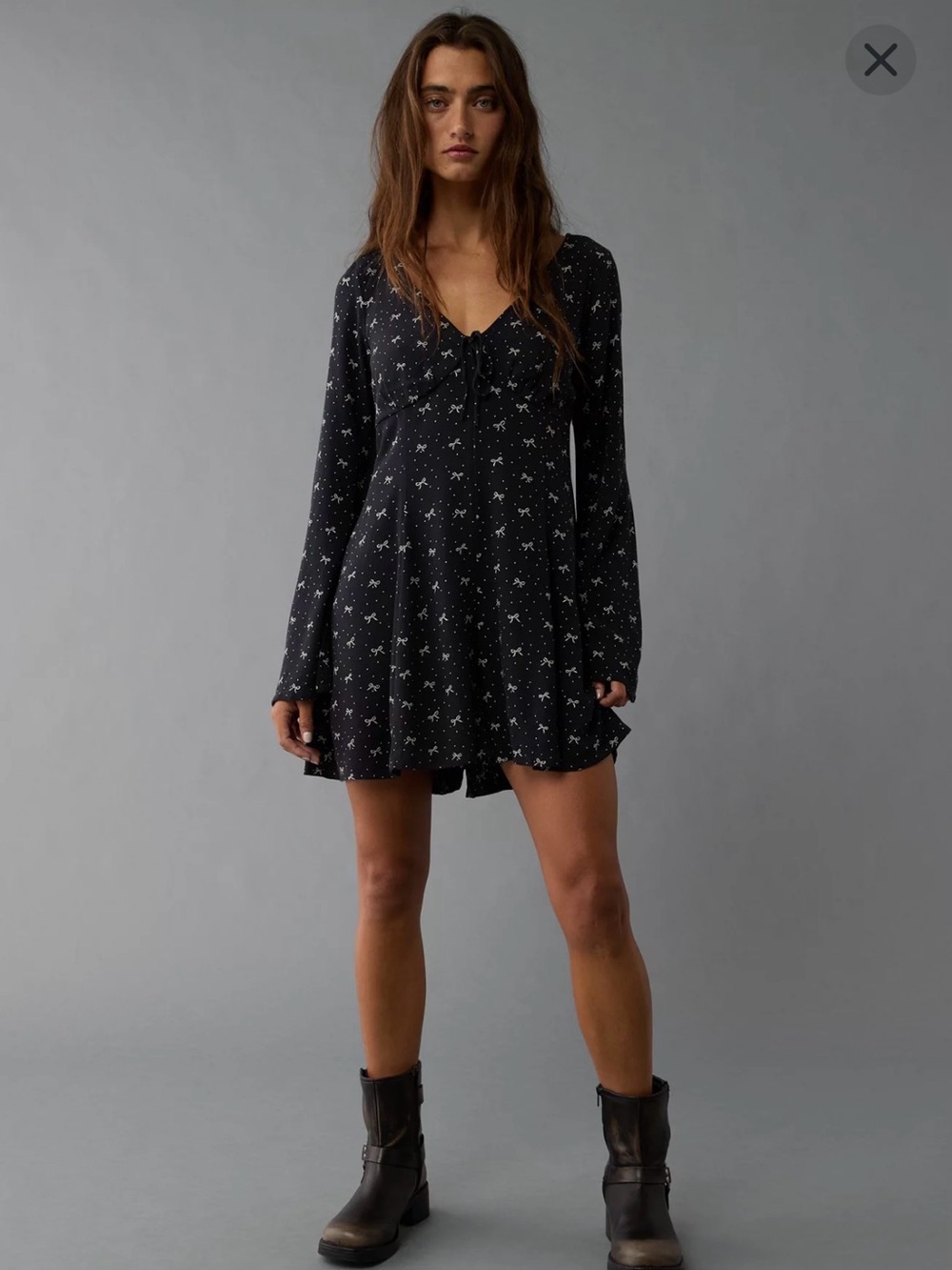 American Eagle Black Bow Print Long Sleeve Romper Size S